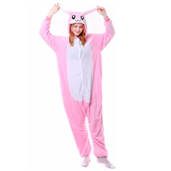 Детская взрослая мужская женская пижама кигуруми в виде розового кролика зайца с мордочкой на капюшоне купить в СПб